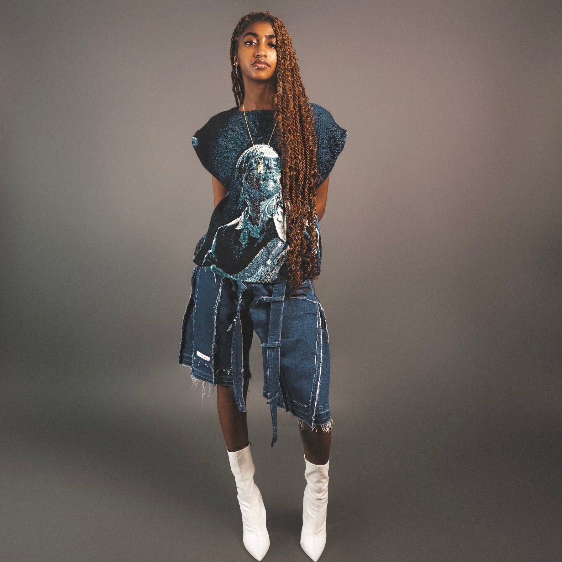パンツ MAZZ double waist jorts Double Waist Band Denim Jorts In Black | boohooMAN USA